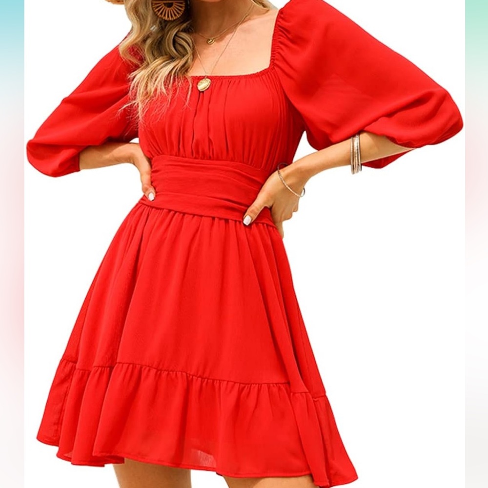 Women's Lantern Sleeve Tie Back & Ruffled Off Shoulder Dress